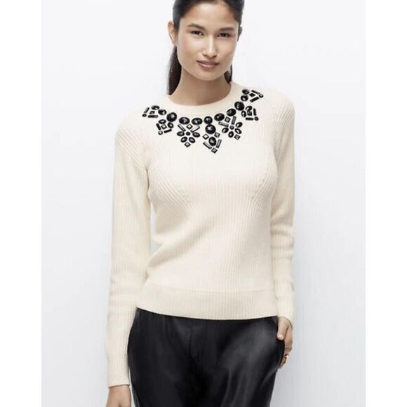 Ann Taylor Sweaters - Ann Taylor Small/Petite Crew Neck Sweater NWT Cream Black Embellished Elegant